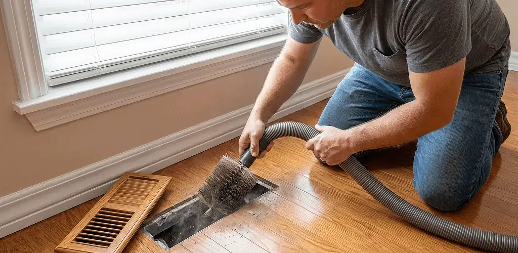 Air duct cleaning technician vacuuming a floor vent and duct opening in Newark, NJ