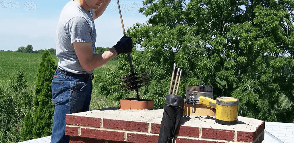 Chimney cleaning technician working on a rooftop chimney with professional tools in Newark, NJ