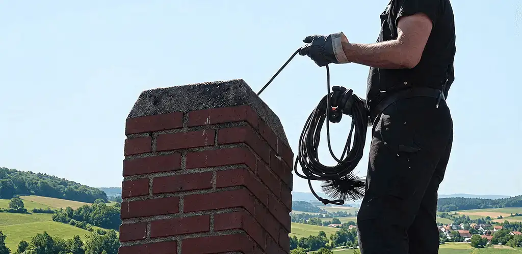 Chimney sweep inspecting and cleaning a rooftop chimney in Newark, NJ