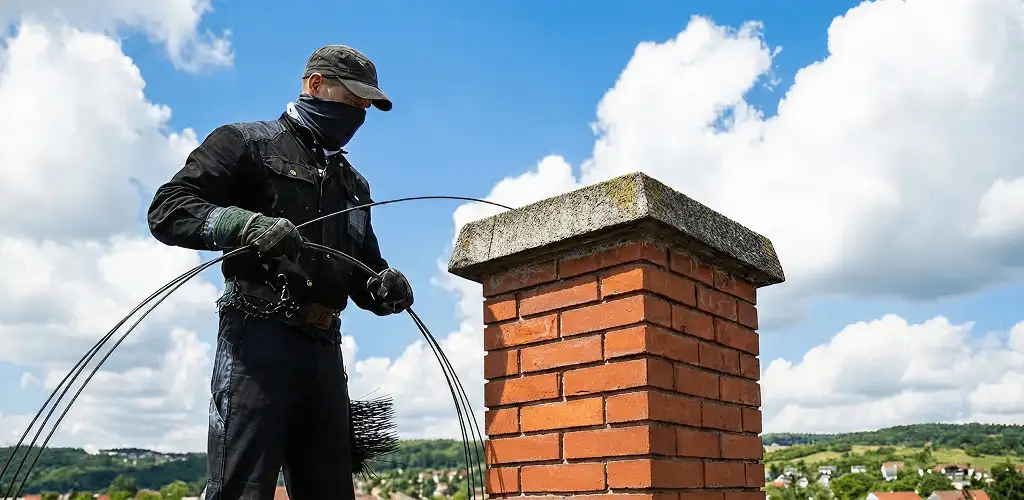 Chimney sweep cleaning a brick chimney with professional tools in Newark, NJ