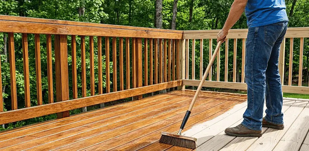 Deck staining and sealing application on a wood deck in Newark, NJ