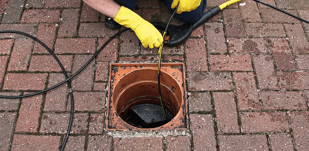 Drain cleaning technician using a drain snake to clear a clogged drain in Newark, NJ