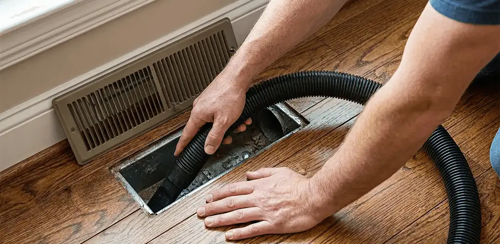 Air duct cleaning technician vacuuming a floor register and duct opening in Newark, NJ