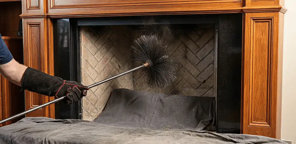 Chimney cleaning service brushing soot from a fireplace and flue in Newark, NJ