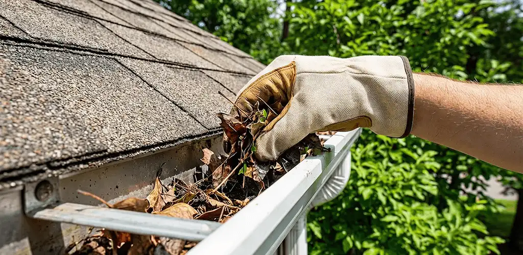 Gutter cleaning removing leaves and debris from roof gutters in Newark, NJ