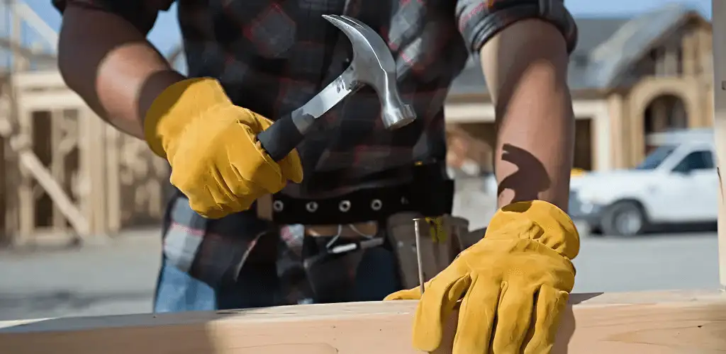 Handyman fixing wood trim with a hammer for home repairs in Newark, NJ