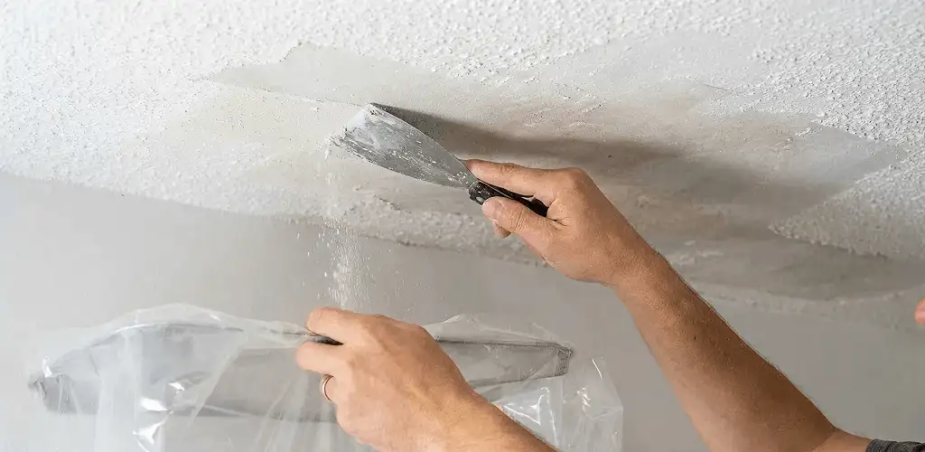 Popcorn ceiling removal technician scraping texture from a ceiling in Newark, NJ