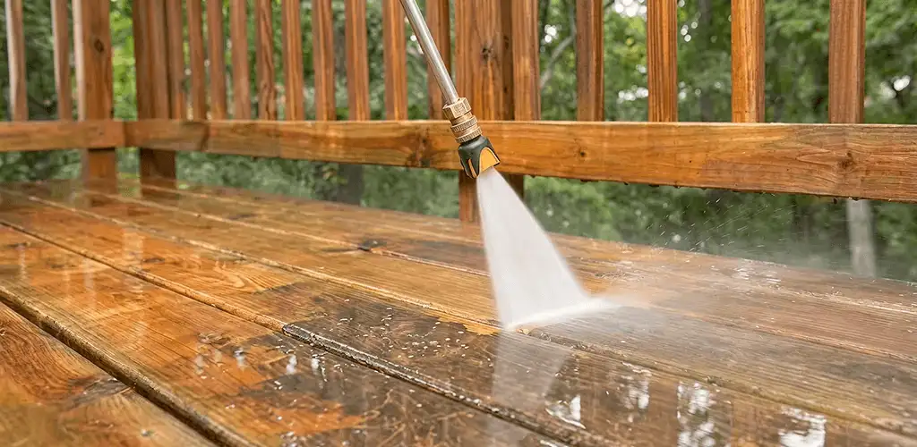 Pressure washing a wood deck to remove dirt and buildup in Newark, NJ