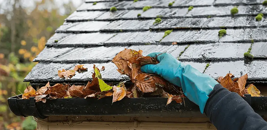 Gutter cleaning technician clearing wet leaves from roof gutters in Newark, NJ