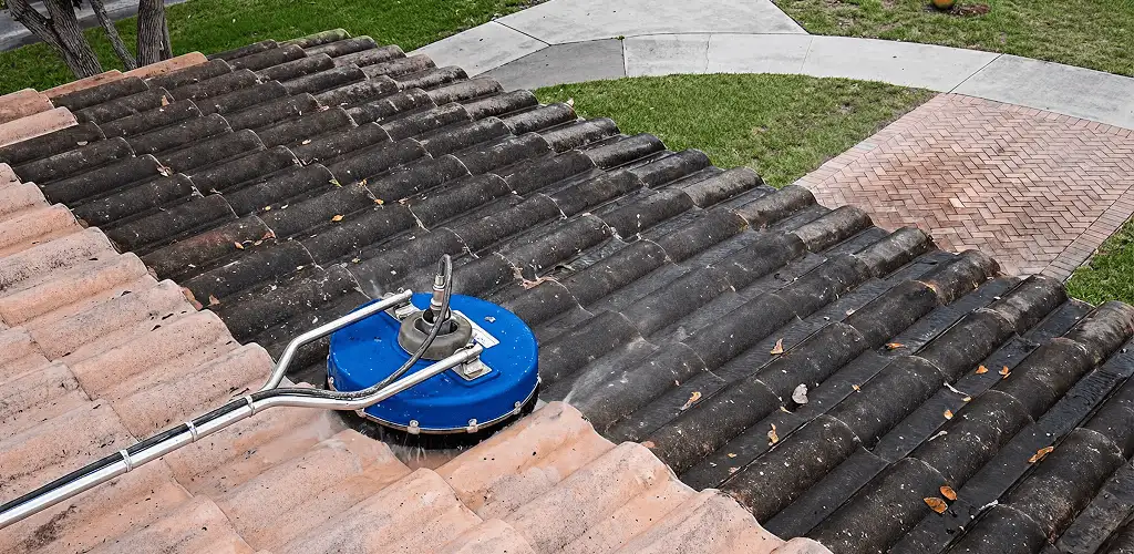 Roof pressure cleaning removing debris and buildup from roof tiles in Newark, NJ