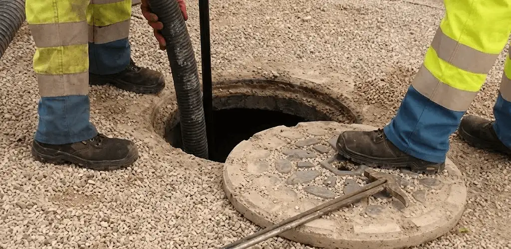Drain cleaning crew clearing a sewer access point with professional equipment in Newark, NJ