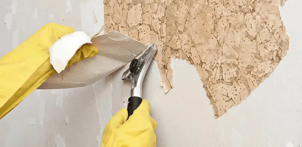 Wallpaper removal service stripping old wallpaper from a wall in Newark, NJ